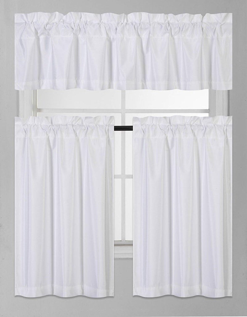 Fancy Collection 3 Piece Faux Silk Blackout Kitchen Curtain Set - Tier Curtains and Valance - Solid White - Thermal Backing - Assorted Colors