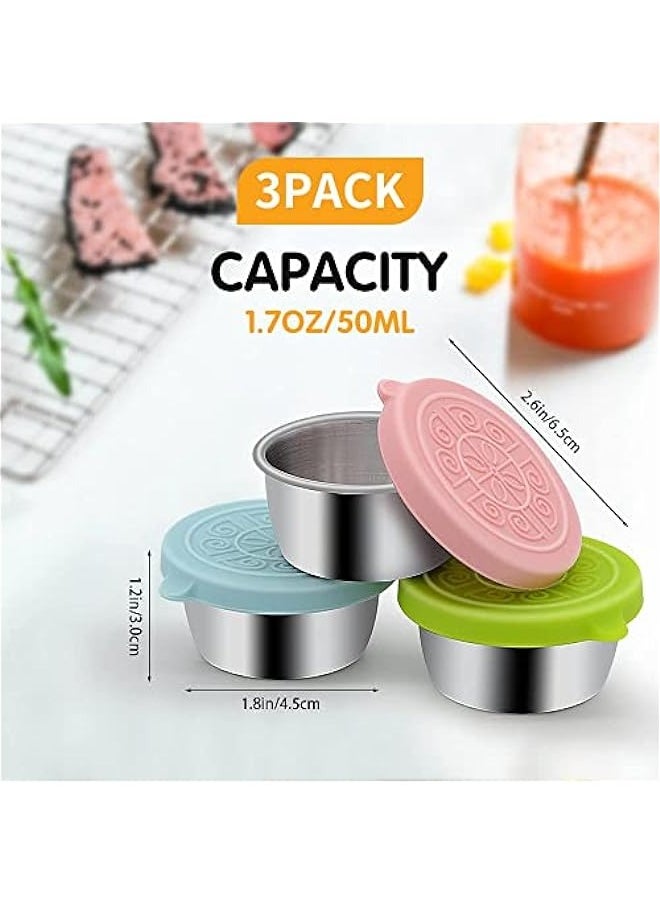 Stainless Steel Salad Dressing Containers - Leakproof Dip Cups, 3-Pack (1.7oz Each), Reusable Mini Sauce Cups with Silicone Lids