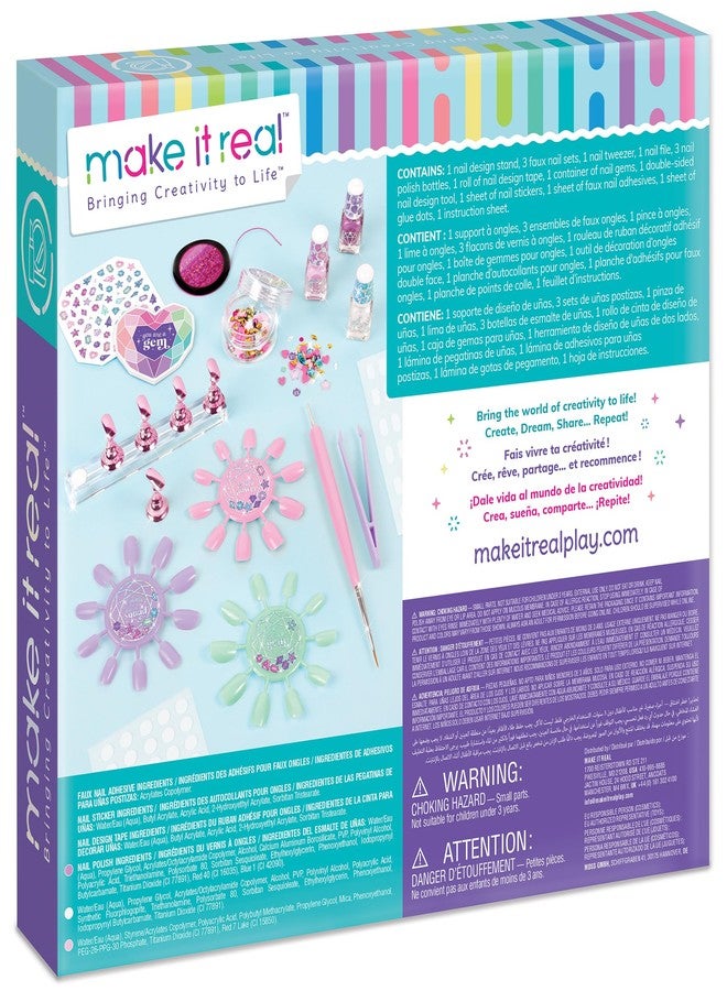 Make It Real اجعلها حقيقية: مجموعة تزيين الأظافر المتلألئة - 16 قطعة، فن الأظافر DIY، تخصيص الطلاء - ملصقات - جواهر - أظافر صناعية، حامل تفصيلي، للفتيات والأطفال 8 سنوات فما فوق - Image 2