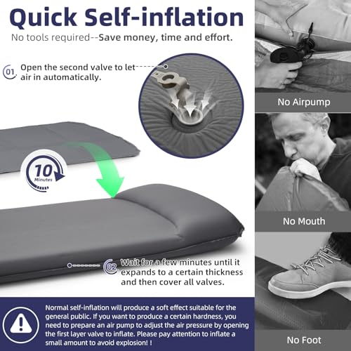 INVOKER Camping Sleeping Pad 3.15” Memory Foam Fast Self Inflating Insulated Durable Camping Mat Air Mattress with Pillow，for Tent, Traveling, Car, Camping, Grey - Image 2