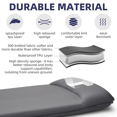 INVOKER Camping Sleeping Pad 3.15” Memory Foam Fast Self Inflating Insulated Durable Camping Mat Air Mattress with Pillow，for Tent, Traveling, Car, Camping, Grey - Image 3