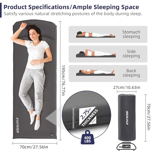 INVOKER Camping Sleeping Pad 3.15” Memory Foam Fast Self Inflating Insulated Durable Camping Mat Air Mattress with Pillow，for Tent, Traveling, Car, Camping, Grey - Image 4