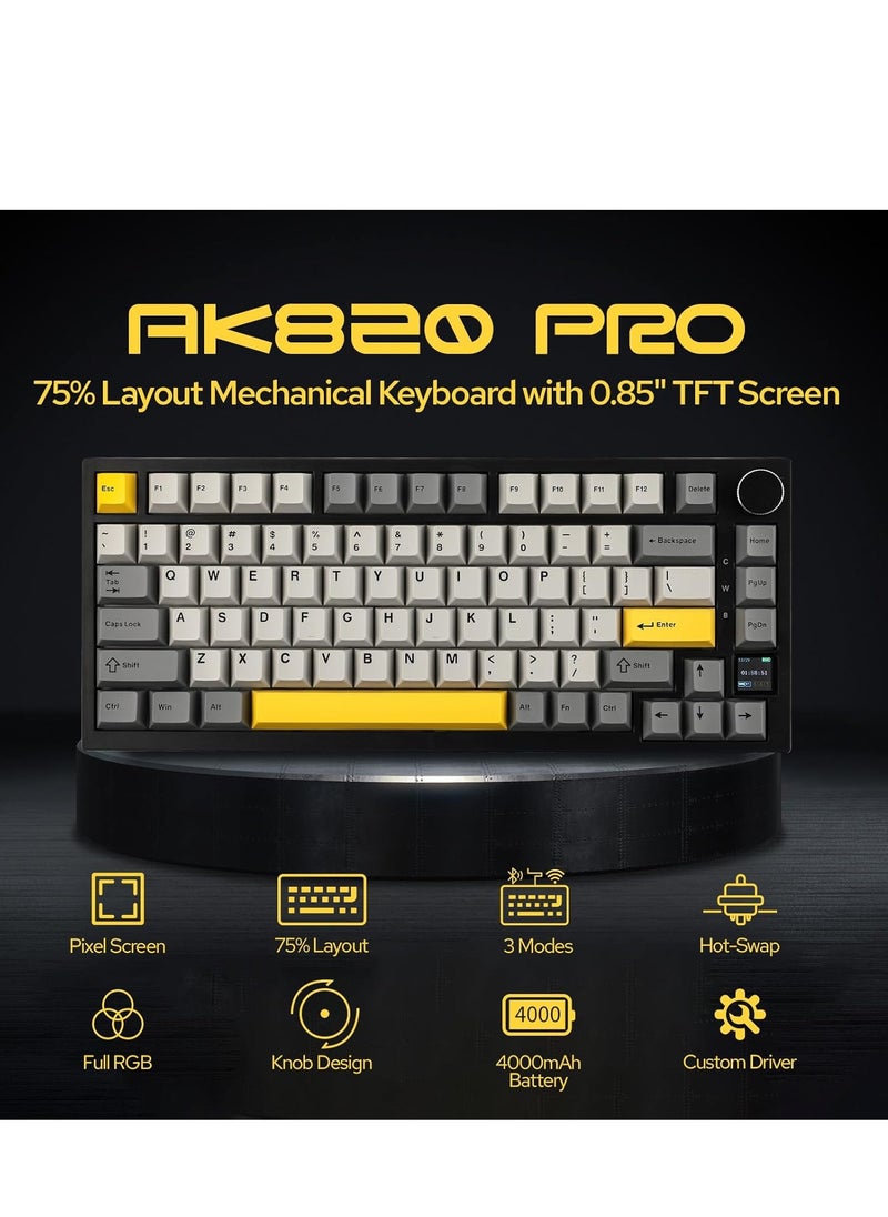 AK820 Pro Gaming Keyboard,75% Gasket-mounted Mechanical Gaming Keyboard with TFT Screen Smart Display, RGB Light,3 Modes(Bluetooth 5.1/2.4G Wireless & Type-C Wired), Sound Dampening Foams (BlackGrey, flying fish switch)