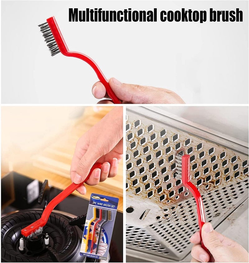 Txuolin 5Pcs Kitchen Stove Cleaning Brush + Scraper Tool Set, Heavy Duty Scraper for Gas Burners Cooktop Pot Pan Brass, Stainless Steel and Nylon Brush Head Brushes for Range Hood Grease Grime Cleaning Tools - Image 2