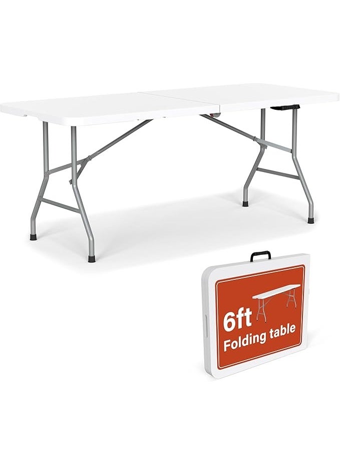 6FT Portable Folding Plastic Table – White Heavy Duty Table with Steel Frame & Handle for Indoor and Outdoor Use – Picnic, Garden, Camping & Events - Image 1