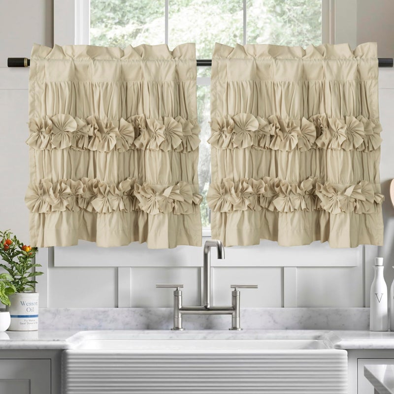 Hi -G HIG 2 Pack Camel Ruffle Kitchen Curtains â€“ Handcrafted Bow Tie Blackout Tier Curtains for Kitchen, Cabinet, Basement, Camper, Farmhouse Decorative Privacy Cafe Window Treatment, 30"x24" - Image 1