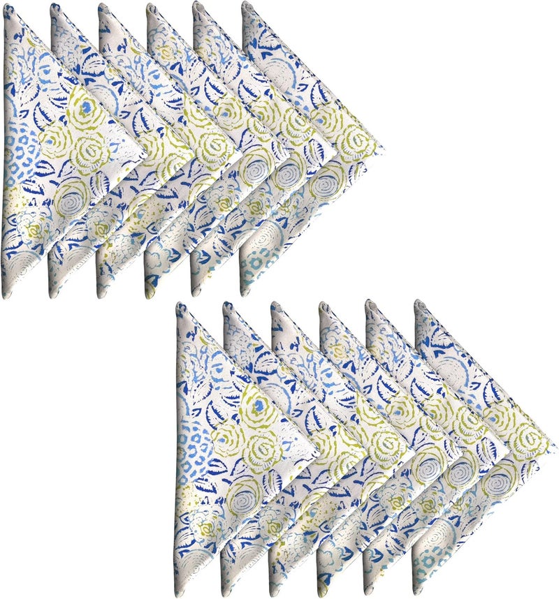 AVKA Studio Block Print 100 Soft Cotton Napkins 18x18 inches  Washable Cloth Dinner Napkins Set of 12  Everyday Use or Dinner Party and Events  White and Blue Lightweight Indian Fabric - Image 1