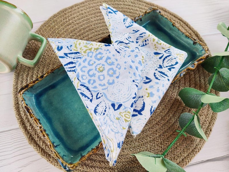 AVKA Studio Block Print 100 Soft Cotton Napkins 18x18 inches  Washable Cloth Dinner Napkins Set of 12  Everyday Use or Dinner Party and Events  White and Blue Lightweight Indian Fabric - Image 2