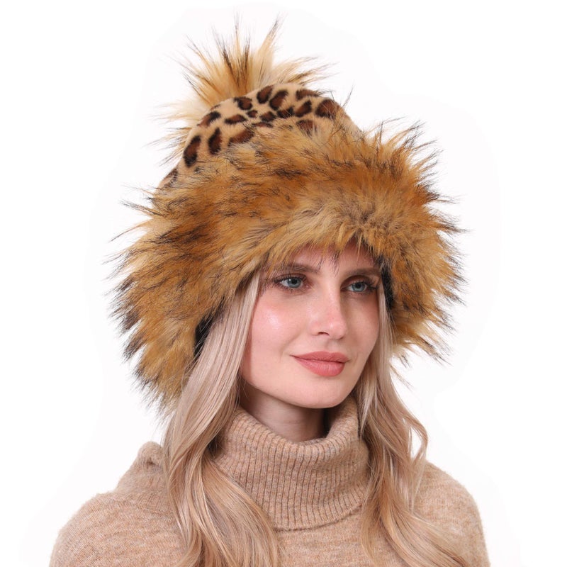 LA CARRIE Women's Faux Fur Hat Russian Cossack Pompom Cap for Winter Ski Snow(Leopard) - Image 3