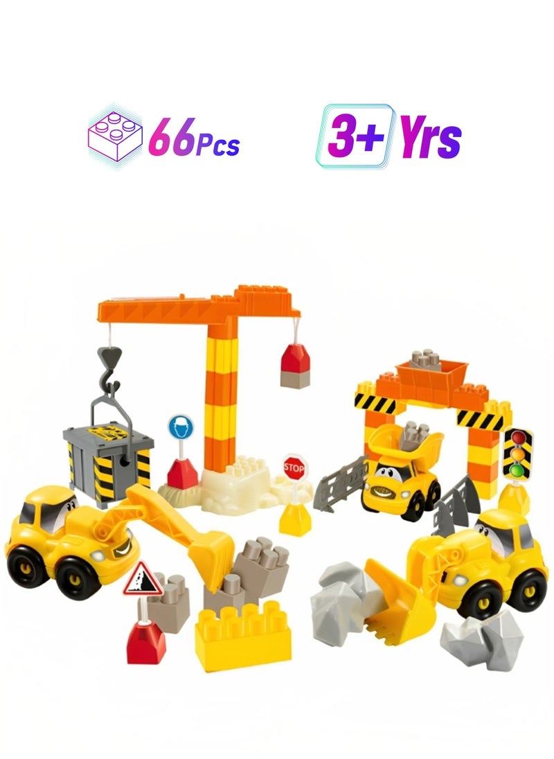 66 Pieces Construction Blocks & Crane Set Kids Building Blocks Pretend Role Play Toys for Toddlers Engineering Vehicle Playset for 3+ Year Old Boys Girls  - Image 1