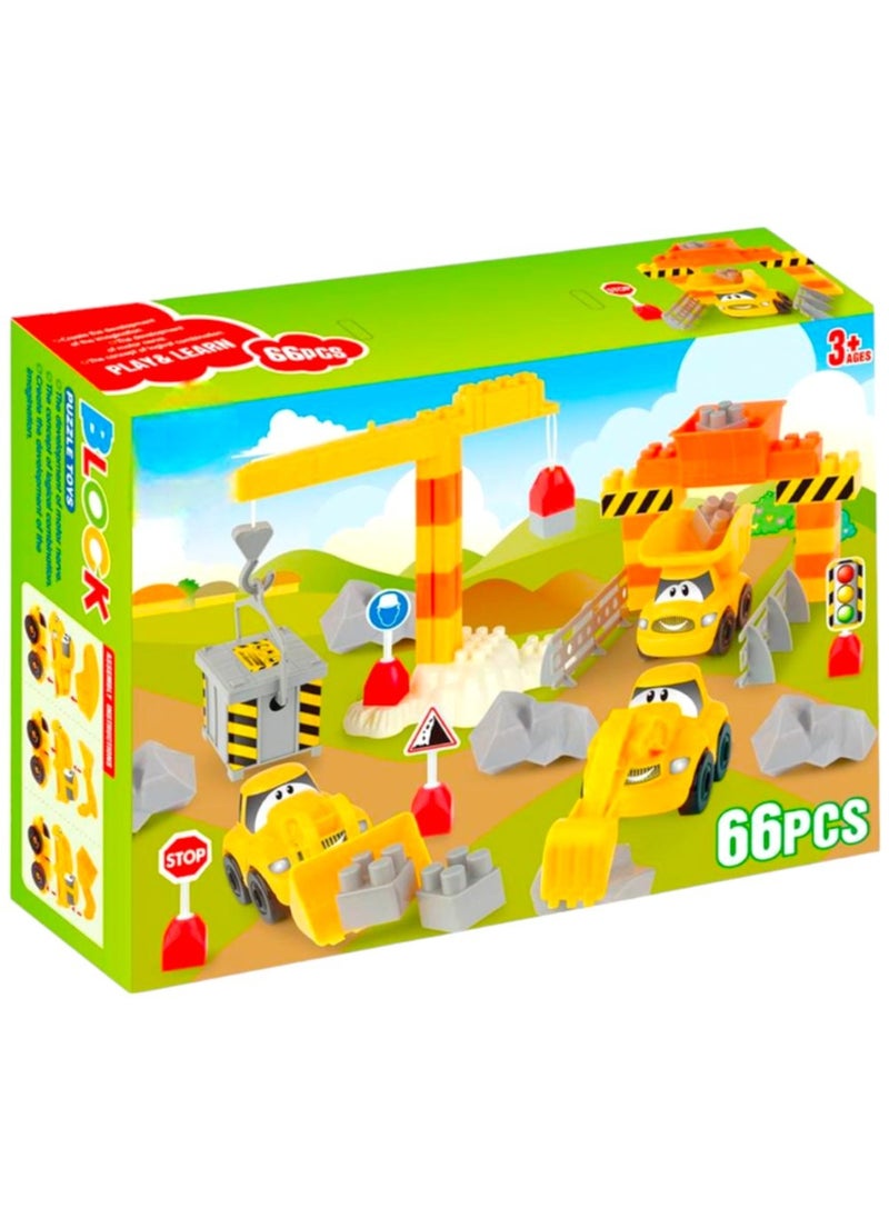 66 Pieces Construction Blocks & Crane Set Kids Building Blocks Pretend Role Play Toys for Toddlers Engineering Vehicle Playset for 3+ Year Old Boys Girls  - Image 4