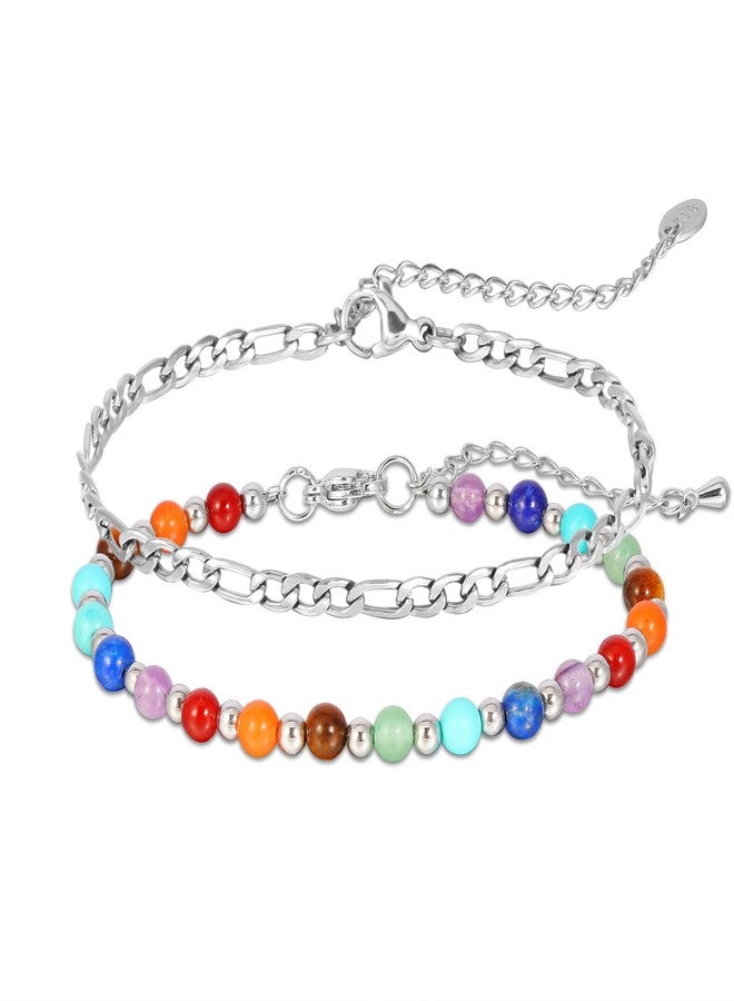 MILAKOO 2Pcs Beaded Bracelets for Women Bohemian Handmade Minimalist Jewerly Gifts Silver Figaro Chain Link Bracelet - Image 1