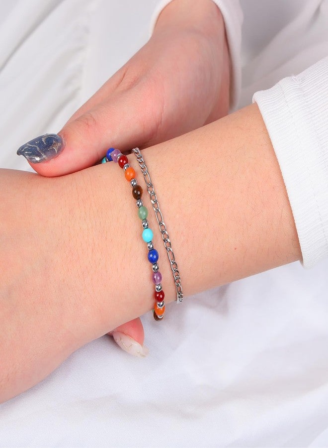 MILAKOO 2Pcs Beaded Bracelets for Women Bohemian Handmade Minimalist Jewerly Gifts Silver Figaro Chain Link Bracelet - Image 3