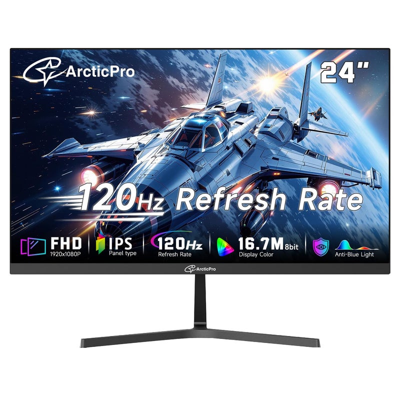 ArcticPro Monitor 24 inch Monitor 120Hz, FHD 1080p, Computer Monitor, IPS, 99% sRGB, 1ms Response Time, 3-Sided Frameless, Ultra Slim, VESA Mountable, Anti-Blue Light Design, HDMI & VGA Ports - Image 1