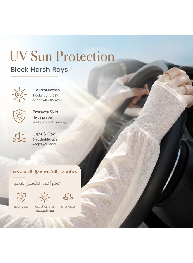 2 Pairs Women Lace Ice Silk Sun Protection Arm Sleeves – Cooling UV Protection Fingerless Gloves, Lightweight Breathable Summer Arm Covers for Driving, Outdoor & Daily Wear - Image 3
