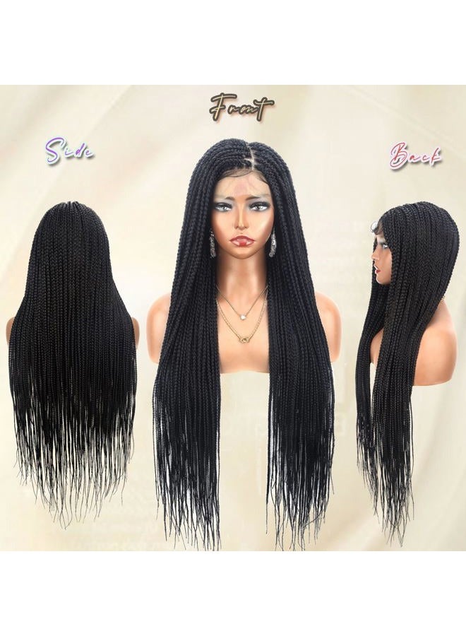 Alebery 36" Full Lace Knotless Box Braided Wigs for Black Women Twisted Braids Lace Synthetic Frontal Black Cornrow Wig with Baby Hair, Lightweight (1B) - Image 5