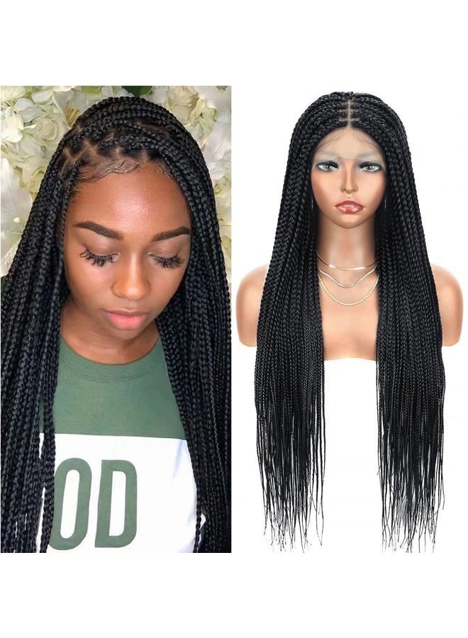 Alebery 36" Full Lace Knotless Box Braided Wigs for Black Women Twisted Braids Lace Synthetic Frontal Black Cornrow Wig with Baby Hair, Lightweight (1B) - Image 1