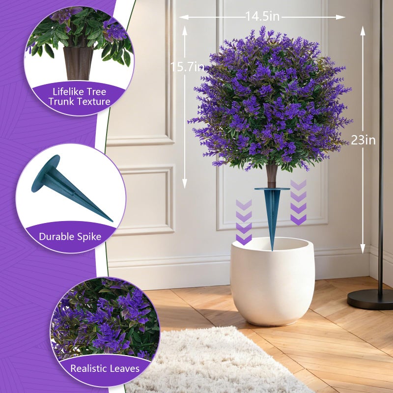 Grooy Artificial Lavender Topiary Ball for Outdoors, Set of 2 Boxwood Plant Tree with Spike, Fake Shrubs UV Resistant Faux Plants for Indoor Outdoor Decor - Image 3