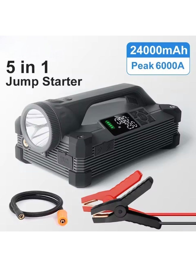 بلو فاير M6 جهاز تشغيل السيارة الطارئ 6000A ببطارية 24000mAh مع مضخة هواء وضوء LED | شاحن طوارئ للسيارات 12 فولت، مضخة إطارات 150PSI، بنك طاقة PD سريع 65 واط، شاشة رقمية، مثالي للتخييم والسفر – أسود - Image 1