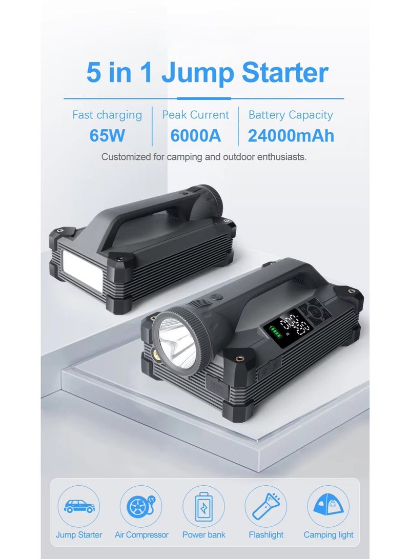 بلو فاير M6 جهاز تشغيل السيارة الطارئ 6000A ببطارية 24000mAh مع مضخة هواء وضوء LED | شاحن طوارئ للسيارات 12 فولت، مضخة إطارات 150PSI، بنك طاقة PD سريع 65 واط، شاشة رقمية، مثالي للتخييم والسفر – أسود - Image 2