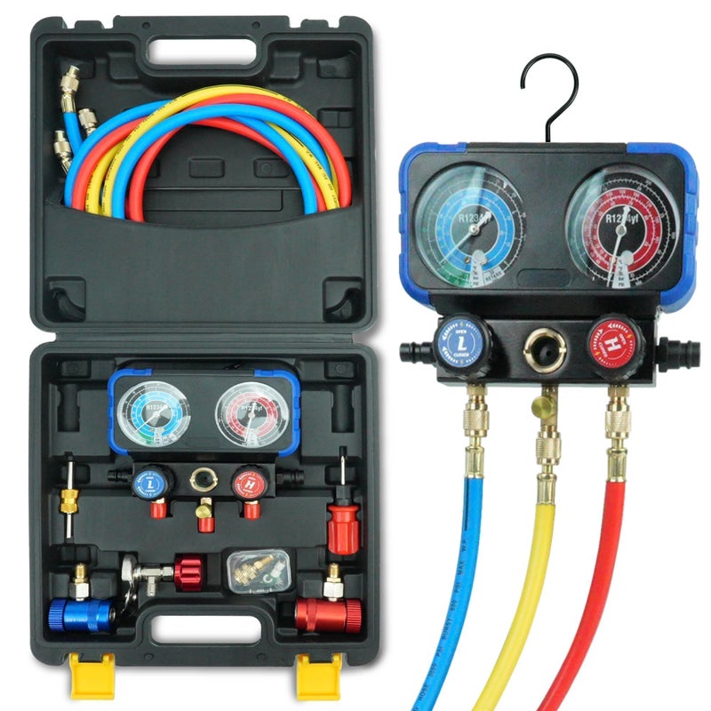 CALPOSE R1234yf AC Gauge 3 Way AC Manifold Gauge Set for R1234yf Refrigerant Refrigerant Gauges with 5FT HosesR410a Adapter Puncturing Can Tap AntiCollision Dials Provide More Accurate Reading