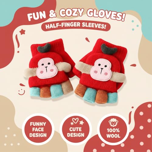 SOLDTRUE Baby Wool Soft Gloves|Cute Cartoon Design 2-in-1 Convertible Full & Half Finger Knitted Mittens|Warm, Windproof & Winter Gloves for Kids 3-8 Years, Ideal Gift for Christmas & Birthday (Red) - Image 2