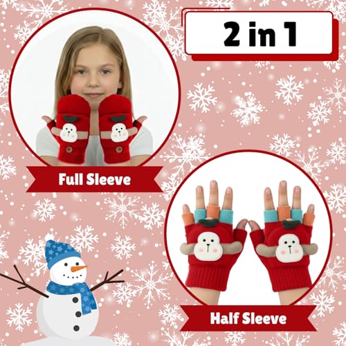 SOLDTRUE Baby Wool Soft Gloves|Cute Cartoon Design 2-in-1 Convertible Full & Half Finger Knitted Mittens|Warm, Windproof & Winter Gloves for Kids 3-8 Years, Ideal Gift for Christmas & Birthday (Red) - Image 3