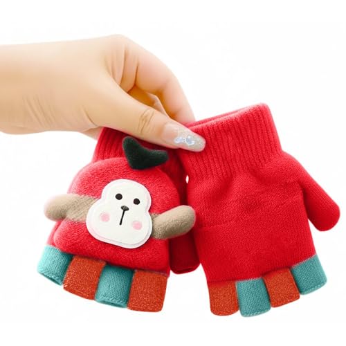 SOLDTRUE Baby Wool Soft Gloves|Cute Cartoon Design 2-in-1 Convertible Full & Half Finger Knitted Mittens|Warm, Windproof & Winter Gloves for Kids 3-8 Years, Ideal Gift for Christmas & Birthday (Red) - Image 1