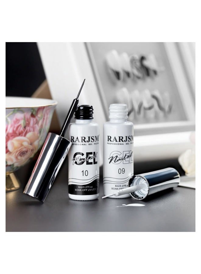 RARJSM Nail Art Gel,Liner Gel Polish,Black White Nail Design Polish Painted Gel Nail Polish Set 2Pcs Soak off Curing Requires 8ml Build in Thin Brush for Home Salon Diy Nail French Manicure Painting - Image 2