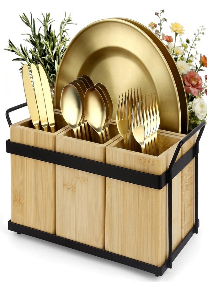 MECHEER Kitchen Silverware Caddy Utensil Holder for Party Paper Plate Holders Flatware Cutlery Organizer Wood Utensil Holder with Removable Dividers for Forks Plates Spoons - Image 1