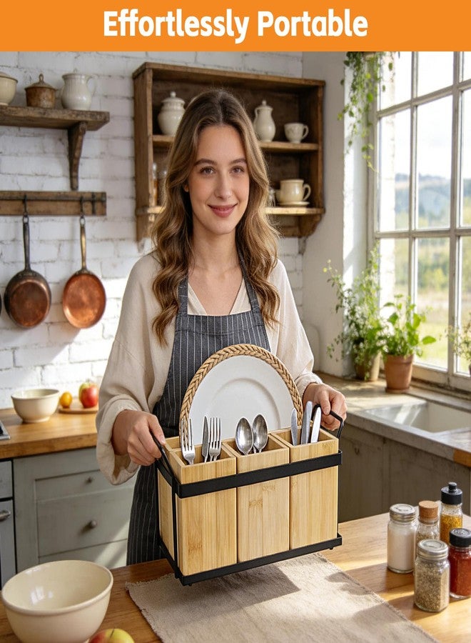 MECHEER Kitchen Silverware Caddy Utensil Holder for Party Paper Plate Holders Flatware Cutlery Organizer Wood Utensil Holder with Removable Dividers for Forks Plates Spoons - Image 4
