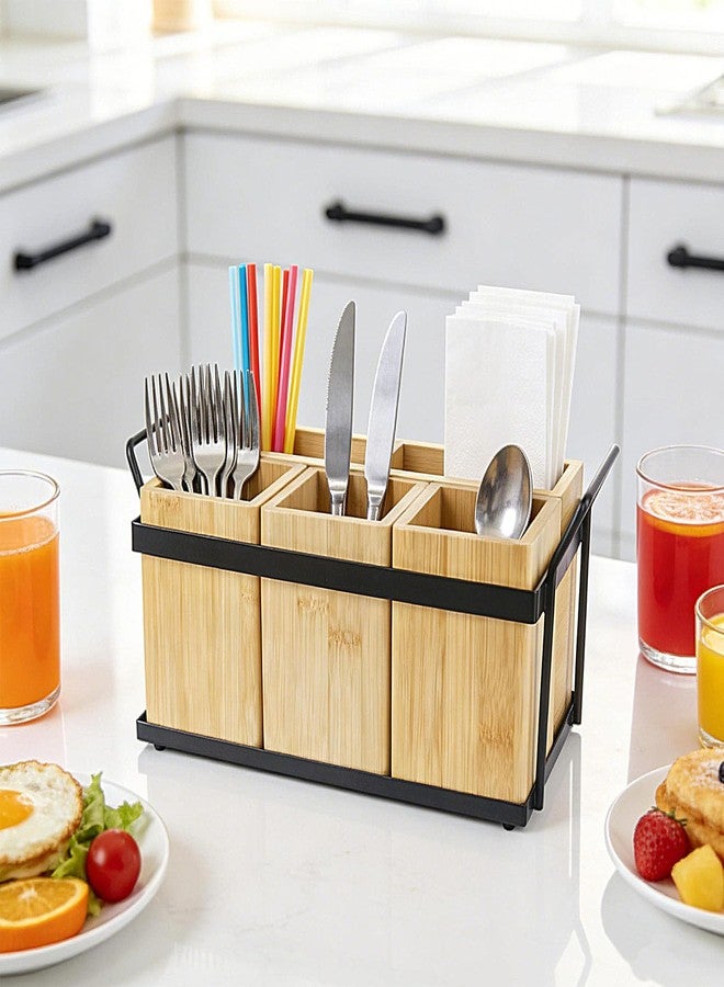 MECHEER Kitchen Silverware Caddy Utensil Holder for Party Paper Plate Holders Flatware Cutlery Organizer Wood Utensil Holder with Removable Dividers for Forks Plates Spoons - Image 2