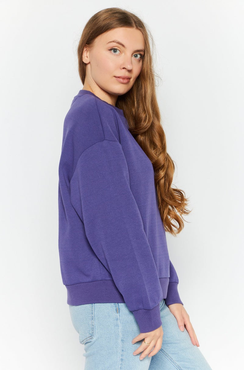 MODE Women Crew Neck Embroidered Logo Sweatshirt, Purple - Image 3