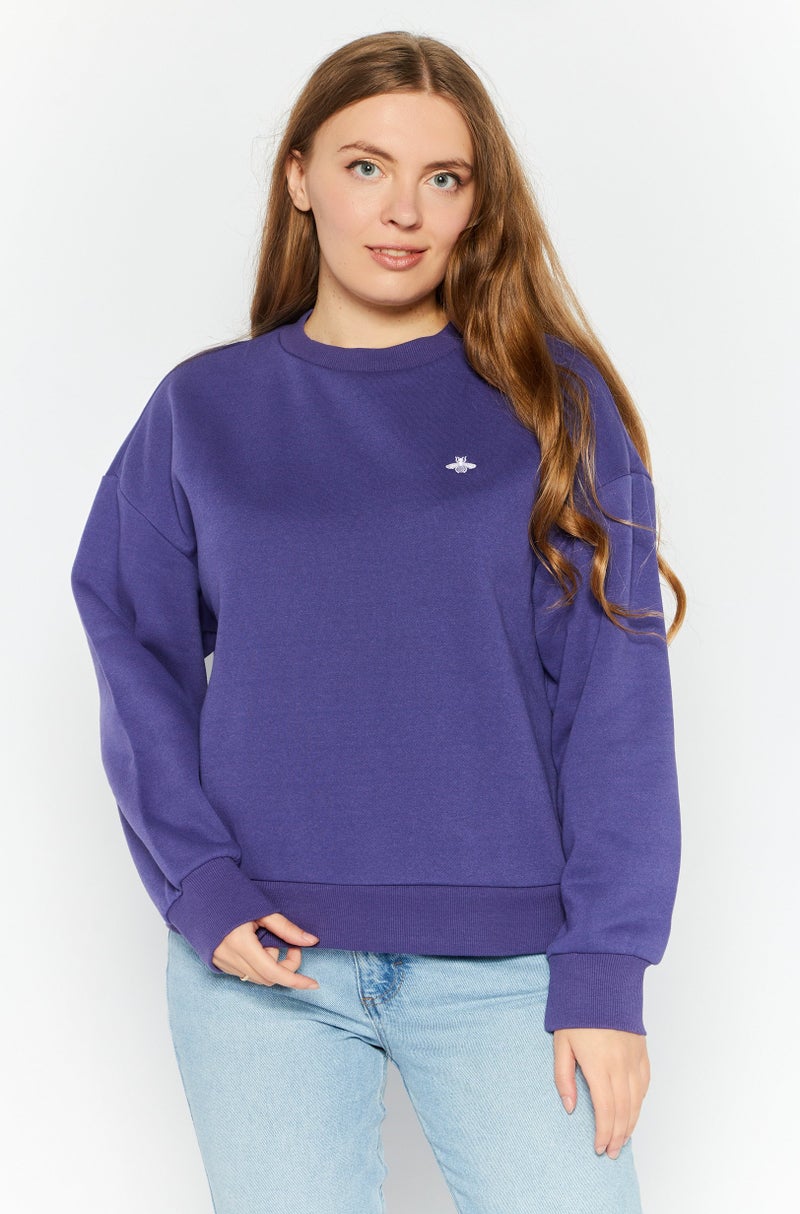 MODE Women Crew Neck Embroidered Logo Sweatshirt, Purple - Image 1