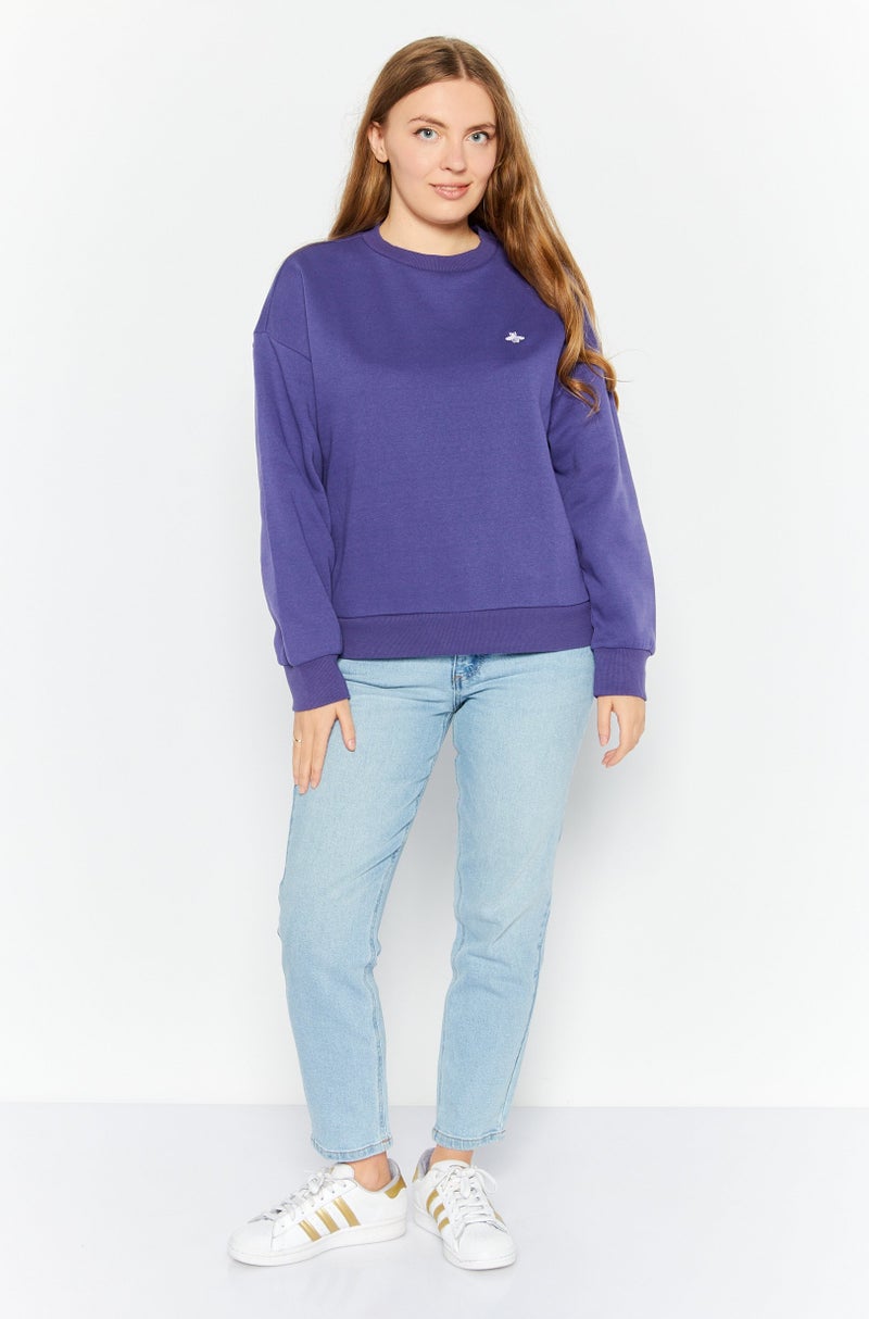 MODE Women Crew Neck Embroidered Logo Sweatshirt, Purple - Image 2