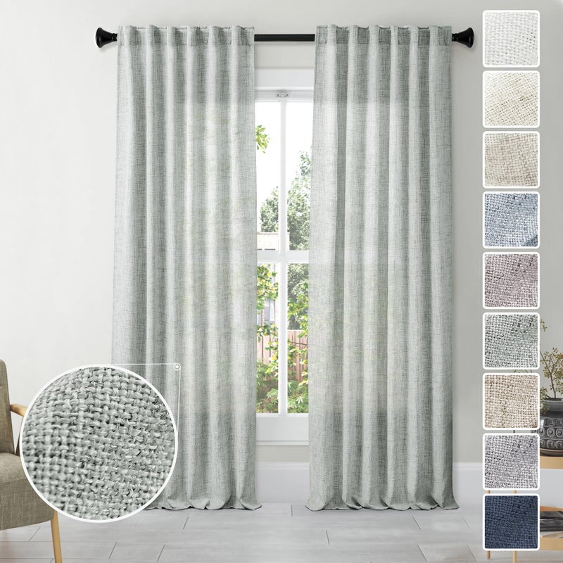 MEETBILY 108 Inches Long Greyish Green Linen Textured Semi Sheer Curtains 2 Panels Set  Neutral Back Tab Drapes for Large Window  Airy and Breathable Curtains for Dining Living Room/French Door - Image 1