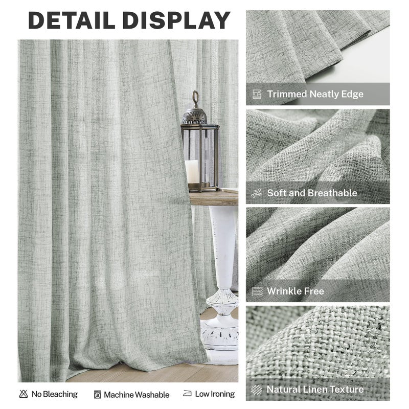 MEETBILY 108 Inches Long Greyish Green Linen Textured Semi Sheer Curtains 2 Panels Set  Neutral Back Tab Drapes for Large Window  Airy and Breathable Curtains for Dining Living Room/French Door - Image 3