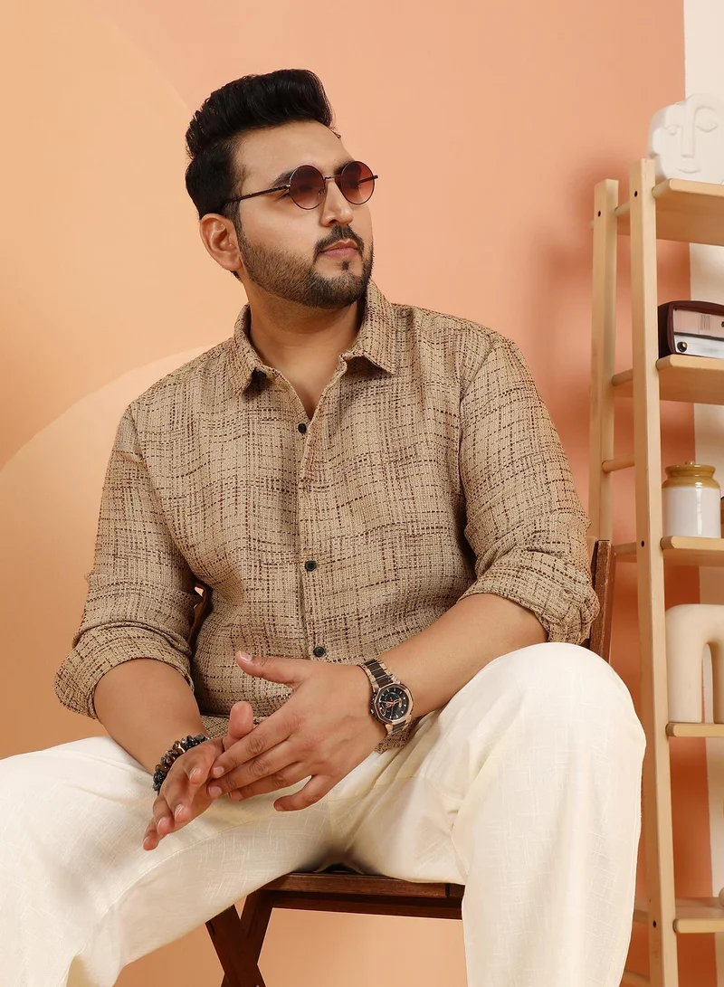 Instafab Plus Instafab Plus Men's Khaki Beige Contrast Interweave Shirt For Casual Wear | Spread Collar | Long Cuffed Sleeves | Button Closure | Plus Size Shirt Crafted With Comfort Fit For Everyday Wear