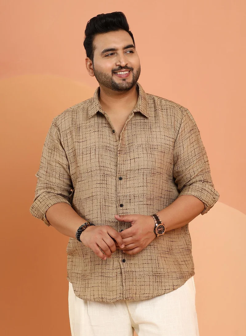 Instafab Plus Instafab Plus Men's Khaki Beige Contrast Interweave Shirt For Casual Wear | Spread Collar | Long Cuffed Sleeves | Button Closure | Plus Size Shirt Crafted With Comfort Fit For Everyday Wear