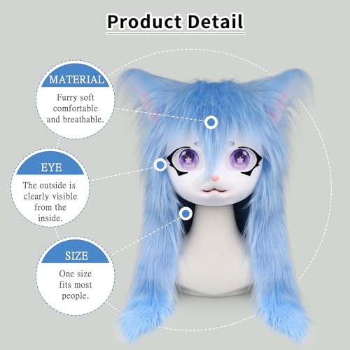 SMILETERNITY SMILETERNIT Animal Head Cat Fursuit Cut Mask Halloween Masquerade Cosplay Costume Props Blue - Image 3