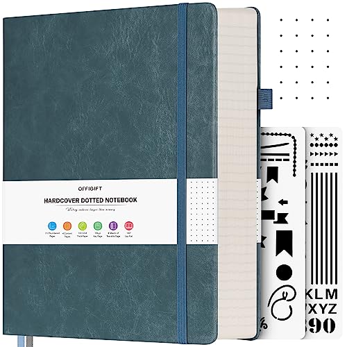 OFFIGIFT Bullet Dotted Journal, Large A4 Hardcover Leather Journal, 312 Numbered Pages Thick Journal, 100gsm No Bleed Paper Dot Grid Notebook for Women Men, 8.5'' × 11'', Grey Blue - Image 1