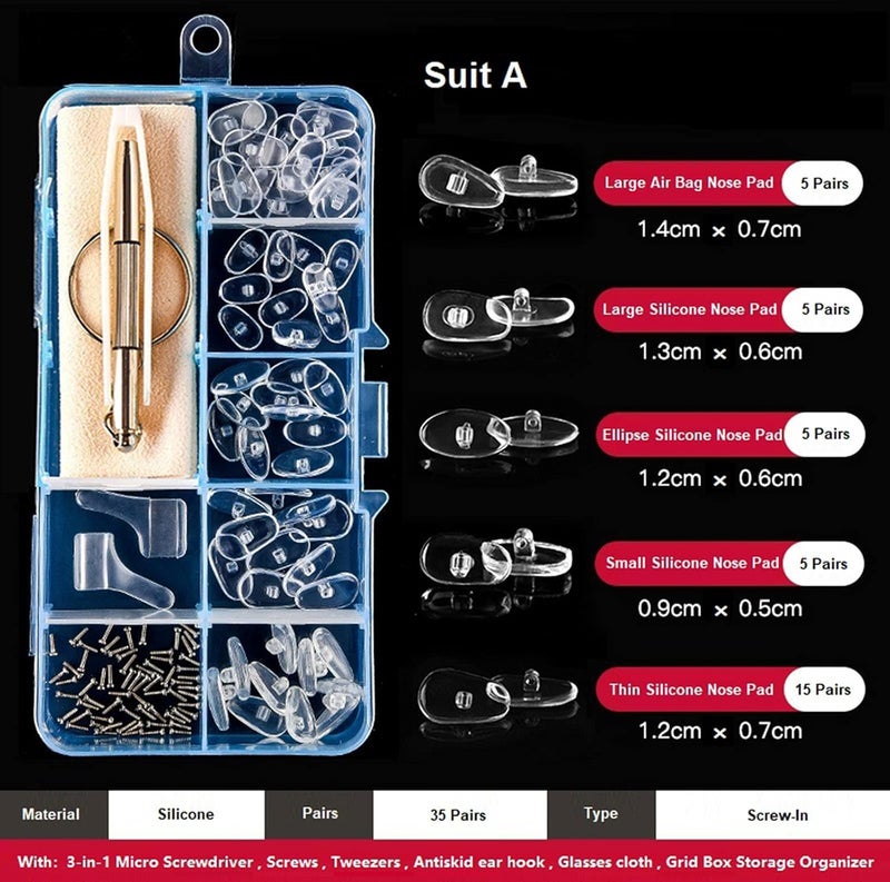 May Create ® Eyeglasses Nosepad Repairing Kit, 35pcs Silicone Nosepad,with 3 in 1 Screwdriver,Screws Tweezers, Antiskid Earhook, Glasses Cloth,Grid Box Storage Organizer (5 shape) - Image 1