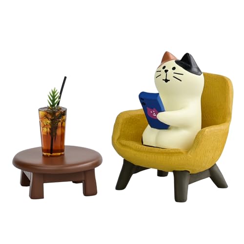 Mevodeata Cute Cat Playing Phone on Sofa and Drinking Coffee Figurine for Office Home Decor Cute Cat Gift for Cat Lovers - Image 1