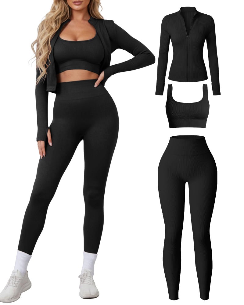 Simlakey Women 3 Piece Seamless Workout Set Sports Bra High Waisted Gym Yoga Leggings Zip Up Jacket with Thumbhole Activewear(Black,Large) - Image 1