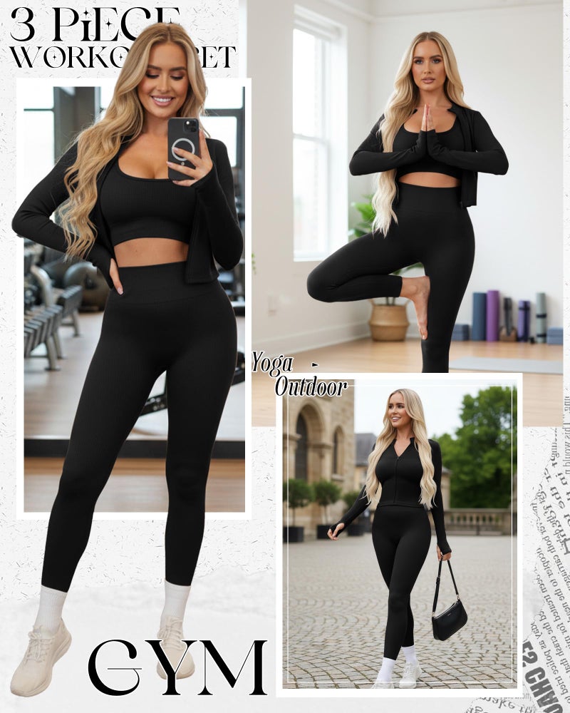 Simlakey Women 3 Piece Seamless Workout Set Sports Bra High Waisted Gym Yoga Leggings Zip Up Jacket with Thumbhole Activewear(Black,Large) - Image 2