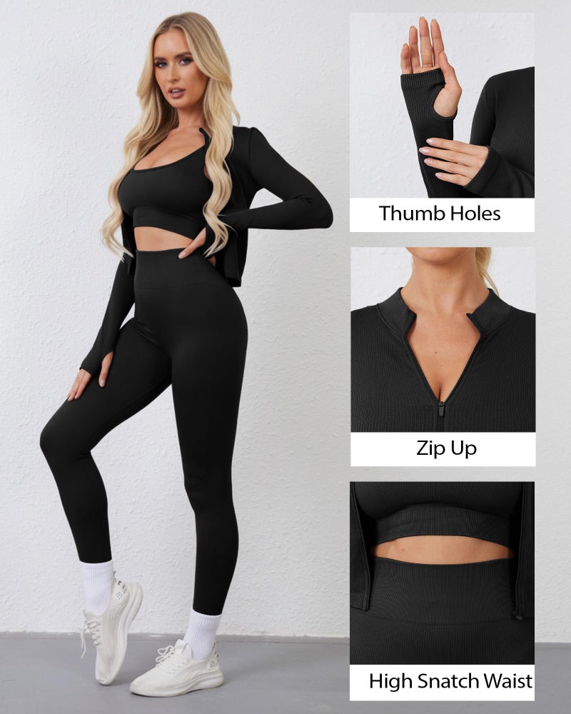 Simlakey Women 3 Piece Seamless Workout Set Sports Bra High Waisted Gym Yoga Leggings Zip Up Jacket with Thumbhole Activewear(Black,Large) - Image 5