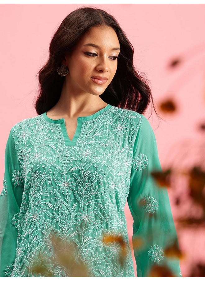 ADA - Ada Hand Embroidered Georgette Lucknow Chikankari Short Kurti Top for Girls & Women A911224 (2XL,Sea Green) - Image 1
