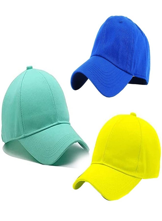 Malvina Combo of 3 Cotton Plain Baseball Cap with Adjustable Buckle for Boys & Girls Free Size (Blue,Sea Green & Yellow) - Image 1