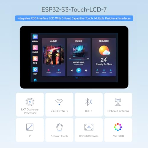 Waveshare ESP32-S3 7inch Capacitive Touch LCD Development Board, ESP32 with Display, 800×480, 5-Point Touch, Up to 240MHz Frequency, Supports WiFi & Bluetooth, with Onboard Antenna - Image 3
