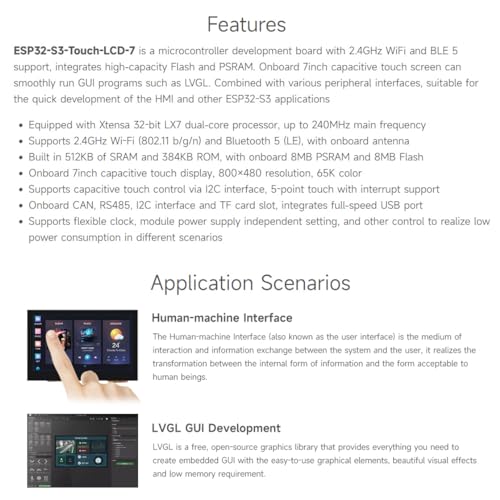 Waveshare ESP32-S3 7inch Capacitive Touch LCD Development Board, ESP32 with Display, 800×480, 5-Point Touch, Up to 240MHz Frequency, Supports WiFi & Bluetooth, with Onboard Antenna - Image 4